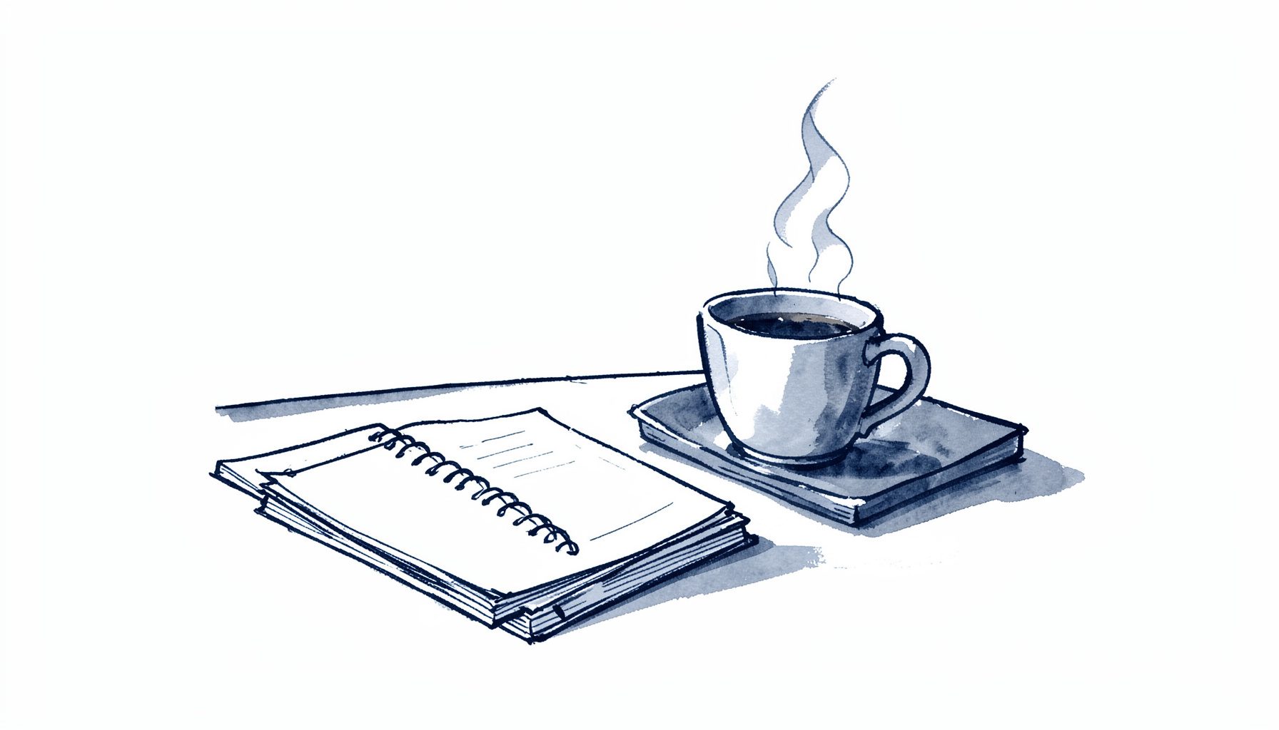 A hand-drawn ink illustration of a calm, focused workspace with a clean desk, a notebook, and a steaming coffee cup, rendered in deep navy and muted steel blue washes on a white background, conveying quiet determination and clarity.