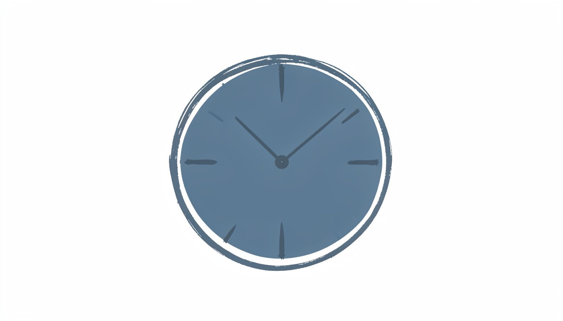 A hand-drawn ink illustration of a minimalist clock face with clean geometric lines, in muted steel blue against white, evoking a sense of calm time awareness.