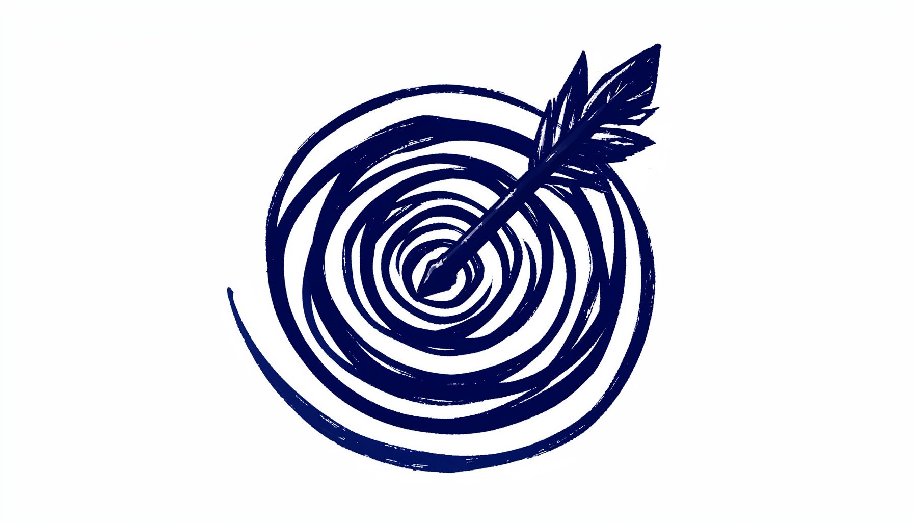 A hand-drawn ink illustration of a single arrow piercing through layered concentric circles, in deep navy ink on white, symbolizing focus and breakthrough thinking.